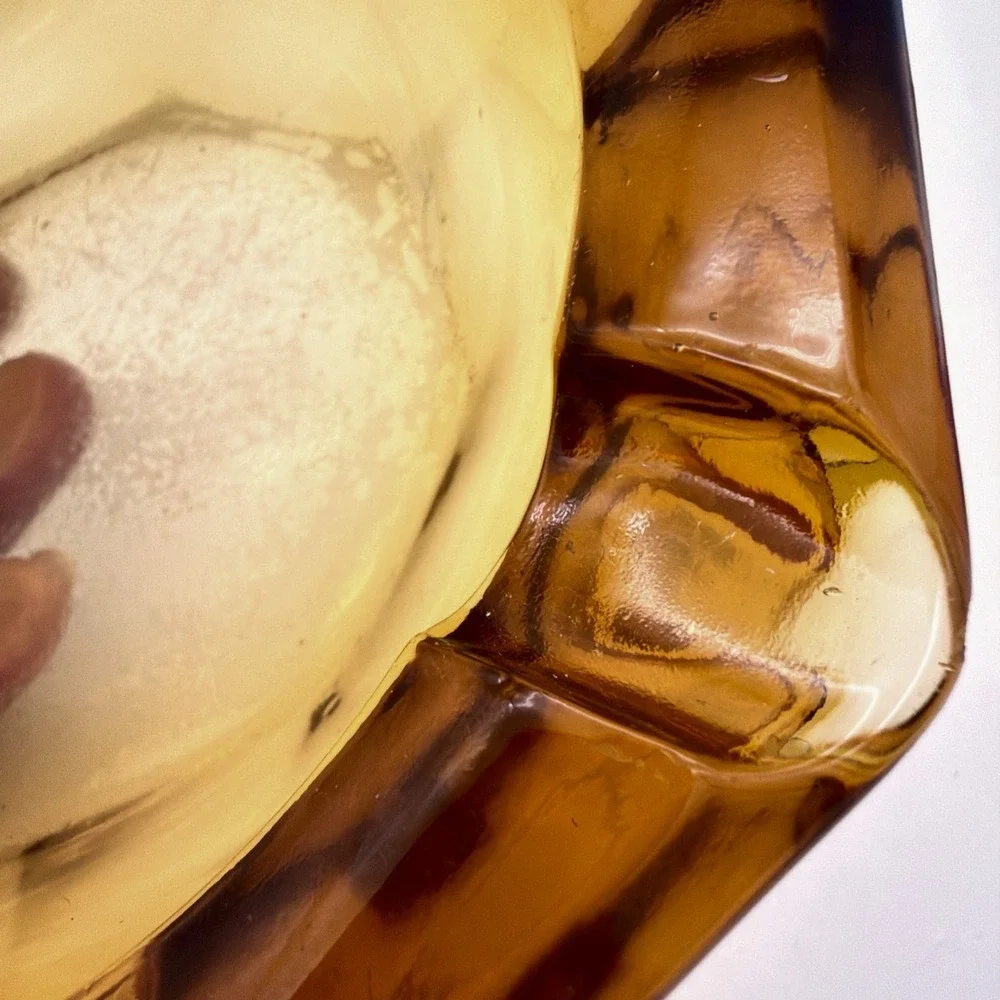Vintage Amber Glass Ashtray Hexagonal Faceted Rim With Four Notches